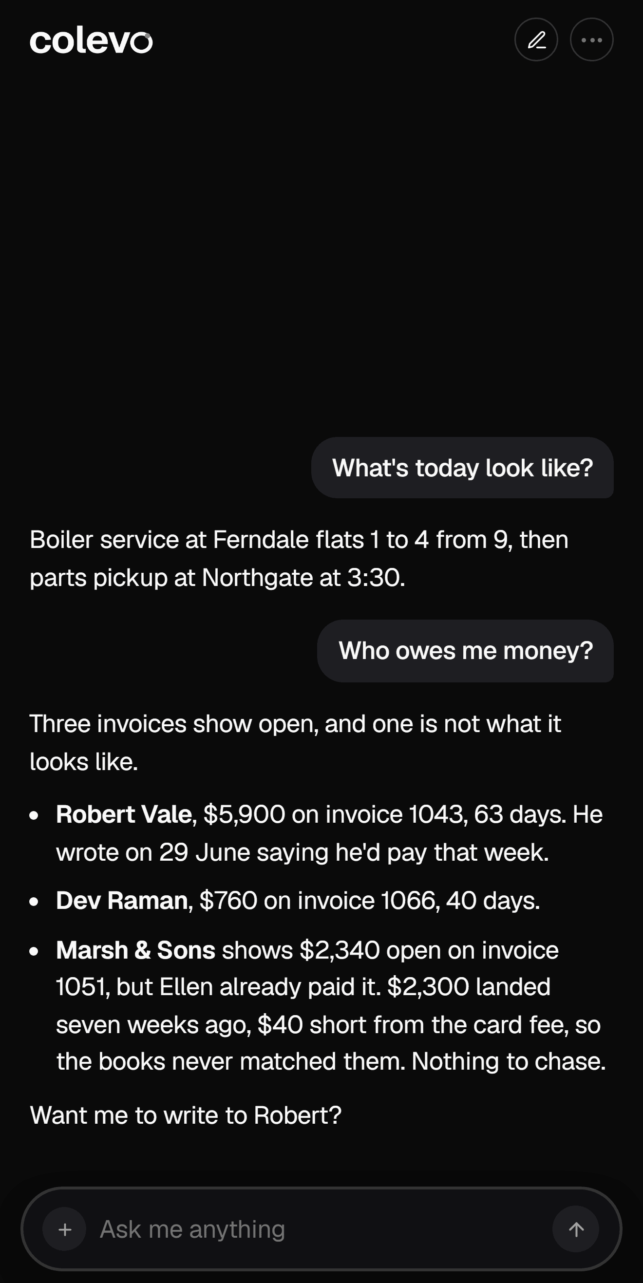 colevo answering who owes me money, listing Robert Vale and Dev Raman, and flagging that Marsh and Sons already paid even though the books still show the invoice open.